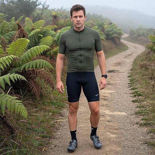 Photograph of a muscular, fair-skinned man with short brown hair, wearing a green compression shirt, black shorts, and black shoes, standing on