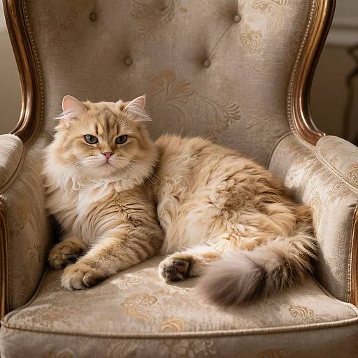 Photograph of a fluffy, orange tabby cat with blue eyes lounging on an ornate, beige, patterned armchair, illuminated by sunlight