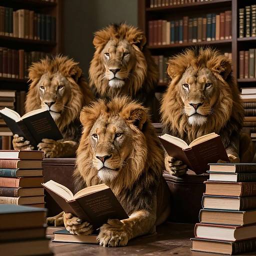 Photograph of four lions with majestic manes, sitting in a library, reading books. Stacks of books surround them, shelves filled with more books