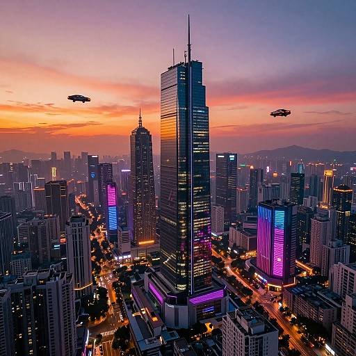 Photograph of a futuristic cityscape at sunset, featuring towering skyscrapers with neon lights, vibrant purple and pink accents, and two flying sauc