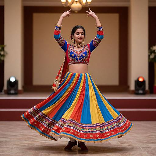 Photograph of a South Asian woman in a colorful traditional lehenga and crop top, performing a dance with arms raised, on a stage with warm lighting