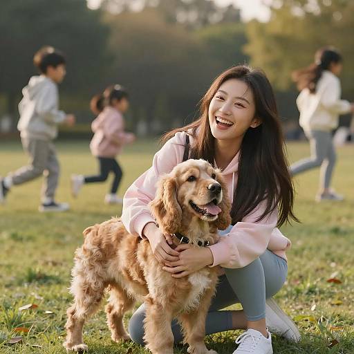 Young Asian Woman Hugging Cocker Spaniel in Park