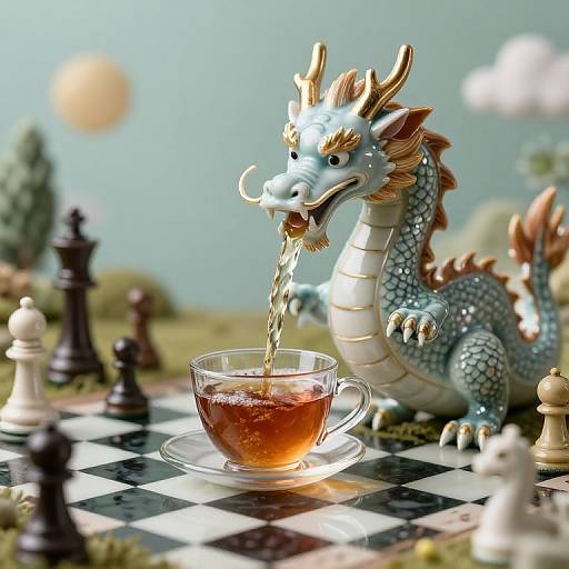 Photograph of a detailed, blue-scaled, dragon figurine drinking tea from a glass cup on a chessboard, with chess pieces and a sun