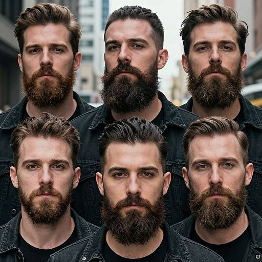 Photograph of six bearded white men with varying dark brown to black hair, wearing black shirts, standing closely together outdoors.