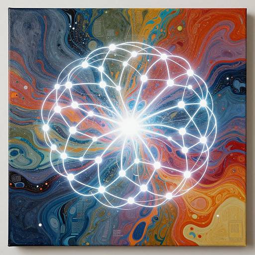 Abstract digital painting of a glowing white geometric sphere with interconnected lines against a vibrant, swirling cosmic background of blues, oranges, and reds.