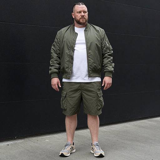 Photograph of a bearded, heavyset man with short dark hair, wearing a green military jacket, white t-shirt, olive cargo shorts, and