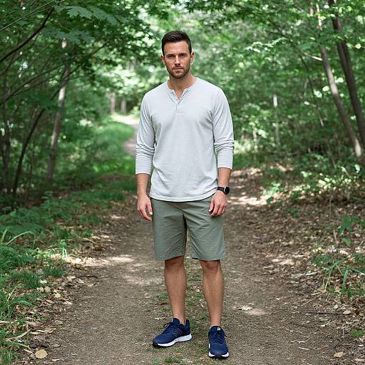 Photograph of a bearded man with short dark hair, wearing a white long-sleeve shirt, gray shorts, and blue sneakers, standing on