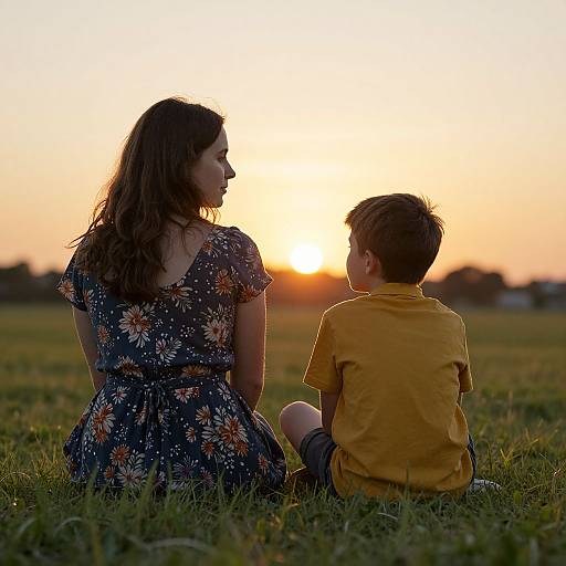 Photograph of a woman with wavy brown hair in a floral dress and a young boy in a yellow shirt, sitting on grass at sunset, facing
