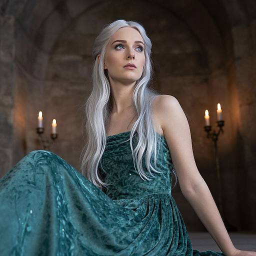 Photograph of a fair-skinned woman with long, silver hair, wearing a green velvet dress, seated in a dimly lit, medieval stone room