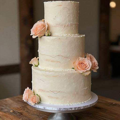 Photograph of a three-tiered white wedding cake with delicate pink roses, pearl-like decorations, and intricate icing patterns, on a rustic wooden table.