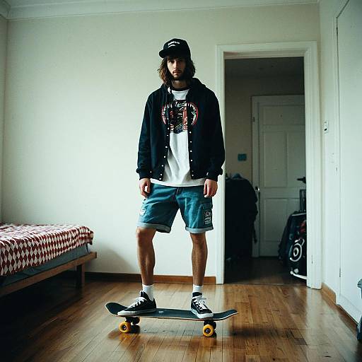 Man on Skateboard in Shorts Outfit