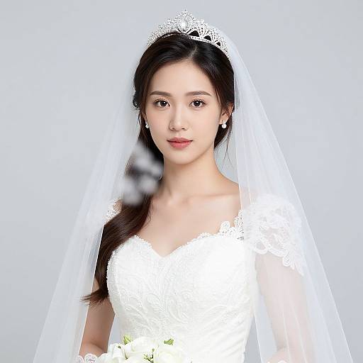 Photograph of an Asian bride with long dark hair, wearing a white lace wedding dress and veil, against a plain white background.