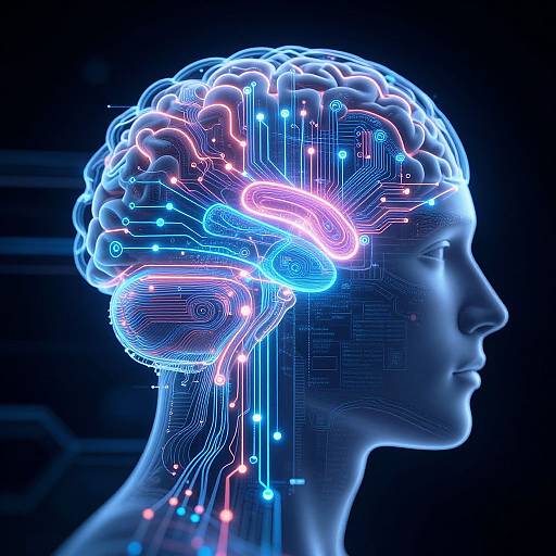 Neon-lit CGI of a human head profile showing intricate brain neural pathways in blue and pink against a dark background.