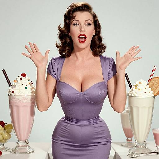 Vintage-style photograph of a surprised woman with curly brown hair, red lipstick, and a tight lavender dress, surrounded by colorful sundaes.