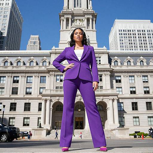 Photograph of a confident Black woman in a vibrant purple suit and pink shoes, standing in front of a grand, historical building with tall spires,