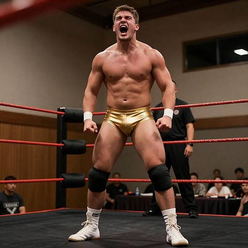 Shouting Wrestler in Wooden Ring