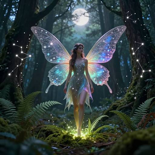 Photograph-like digital art of a fairy with iridescent wings, glowing dress, and radiant light in a mystical forest. Stars and moonlight illuminate