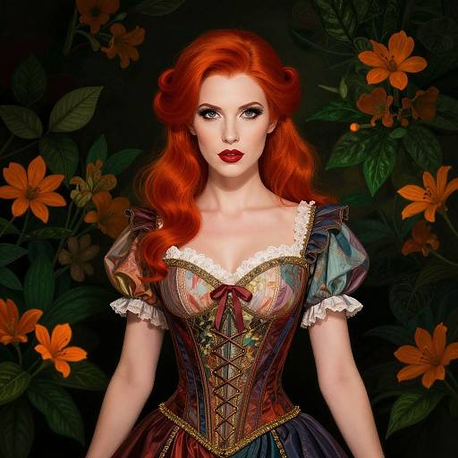 Digital painting of a fair-skinned, red-haired woman with wavy hair, wearing a colorful, corseted dress with lace trim, set against