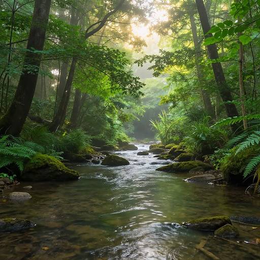 Serene Forest Stream at Sunrise