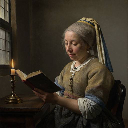 Photograph of a 17th-century woman in period dress, reading by candlelight, with a dark, rustic background and window light.