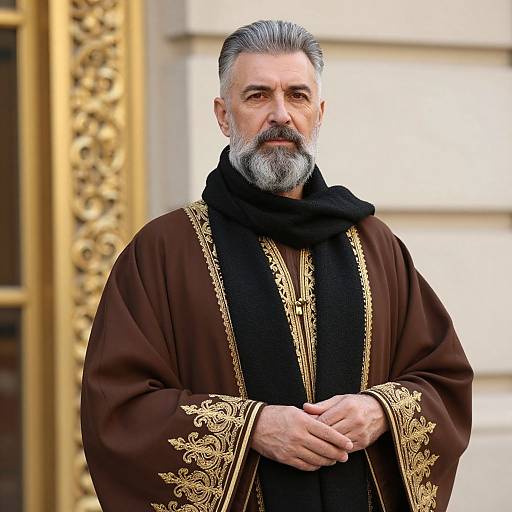 Photograph of a middle-aged man with a gray beard, wearing an ornate brown robe with gold embroidery and a black scarf, standing in front of