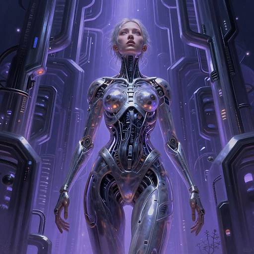 Digital art of a blonde, fair-skinned woman in a shiny, metallic, cybernetic bodysuit standing in a futuristic, purple-lit