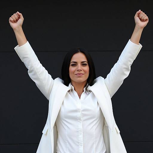Photograph of a smiling middle-aged woman with dark hair, wearing a white blazer and shirt, raising both arms triumphantly against a black background.