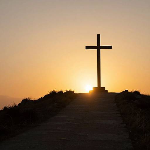 Cross on Winding Path at Sunset