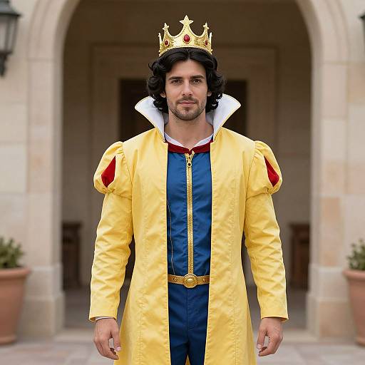 Photograph of a man with curly black hair, light skin, wearing a yellow king costume with red accents, gold crown, and blue tunic,