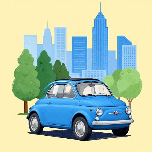 Blue Vintage Fiat 500 with Cityscape and Trees