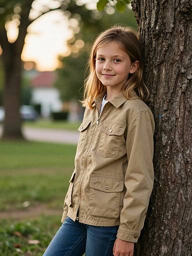 9-Year-Old Girl Leaning on Tree
