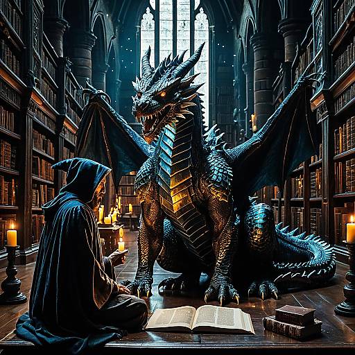 Mystical Dragon and Sorcerer in Library