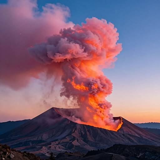 Photograph of a volcanic eruption at sunset, with vibrant orange and red smoke billowing from the peak of a dark, rocky mountain against a clear blue