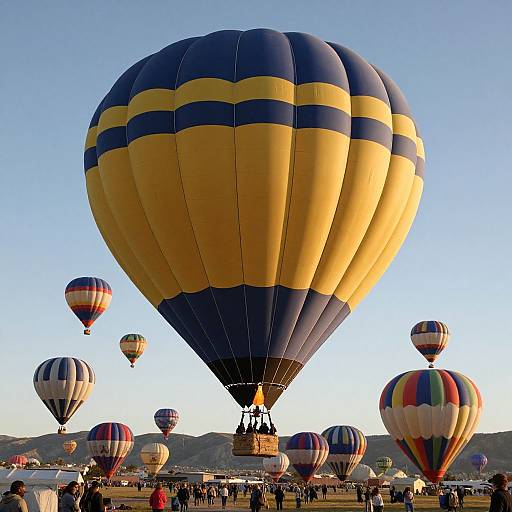 Photograph of a clear sky with numerous colorful hot air balloons, including a large yellow and blue striped balloon, taking off and hovering above a crowded festival
