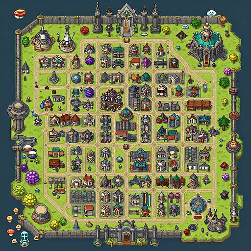 Colorful pixel art map of a detailed medieval village, featuring houses, towers, shops, gardens, and a central castle, surrounded by a blue border