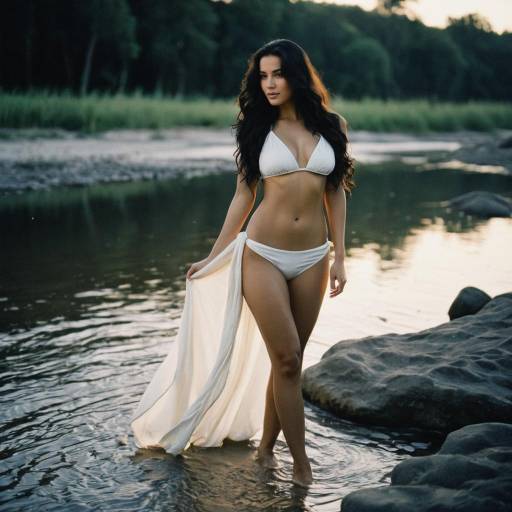 Woman in White Bikini by River at Dusk