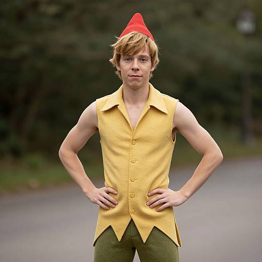 Photograph of a young man with light brown hair, wearing a yellow sleeveless shirt with a jagged bottom, green pants, and a red pointed
