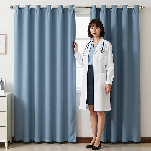 Female Doctor Standing by Blue Curtains