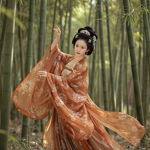 Photograph of an East Asian woman in an orange floral kimono, standing gracefully in a bamboo forest, with her hair adorned in traditional Japanese style.