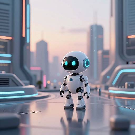 CGI image of a small, white, robotic figure with glowing blue eyes standing in a futuristic, neon-lit cityscape.