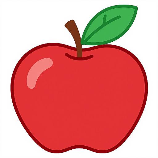Digital cartoon illustration of a bright red, shiny apple with a single green leaf and brown stem on a white background.