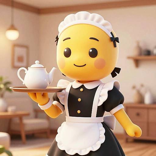 Cartoon-style yellow character in black maid outfit with white apron, holding teapot on tray, in cozy, warmly lit living room.