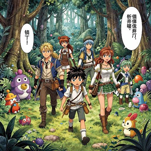 Anime-style forest scene with five adventurers, diverse characters, colorful creatures, and Japanese speech bubbles. Bright, detailed, and vibrant art.