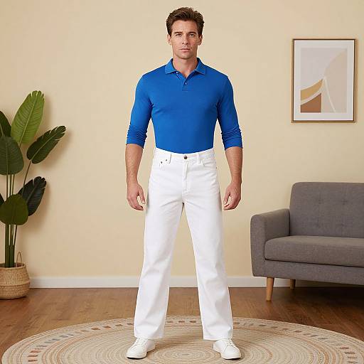 Photograph of a handsome, dark-haired man in a blue polo shirt and white pants, standing in a modern living room.