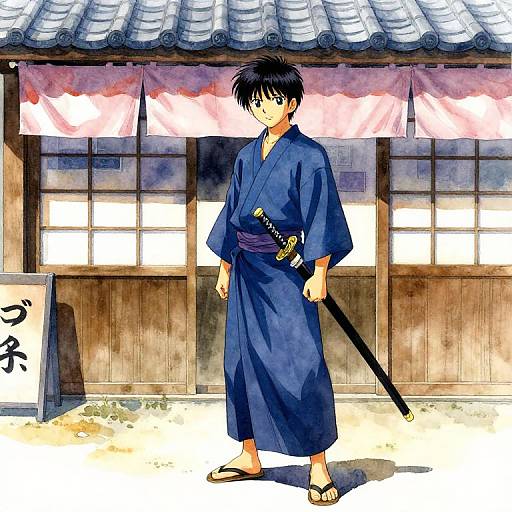 Anime Boy in Blue Kimono