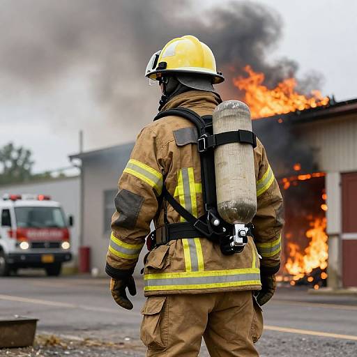 Firefighter in Action at Burning Building