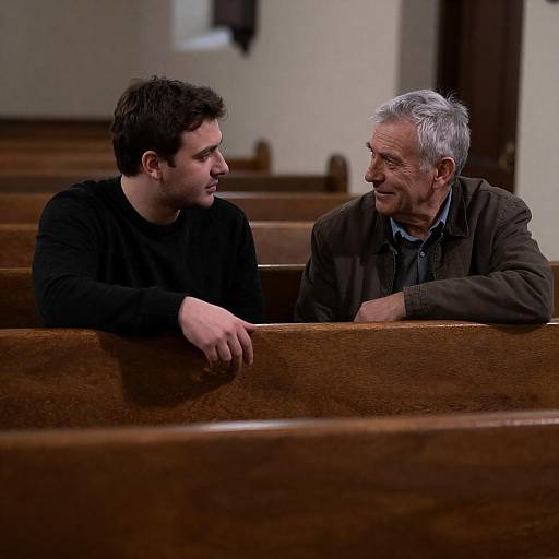Two Men Talking in Church Pew