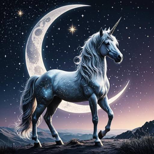 Fantasy Unicorn Under Crescent Moon