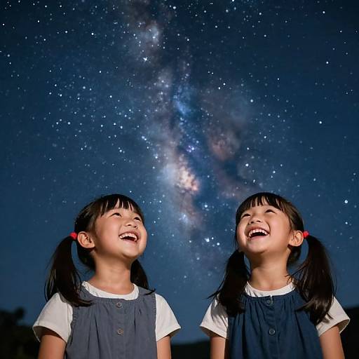 Photograph of two young Asian girls with pigtails, laughing under a starry night sky with the Milky Way visible, wearing white shirts and dark
