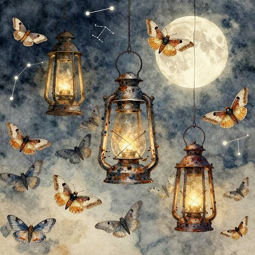 Ethereal Watercolor Moths and Lanterns